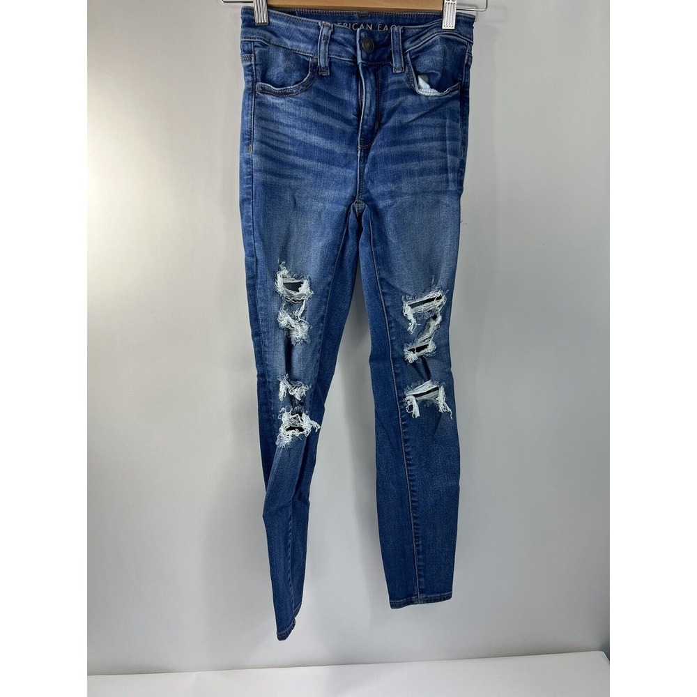 American Eagle Blue Jeans Pants Distressed Next Level Stretch Womens Sz 0